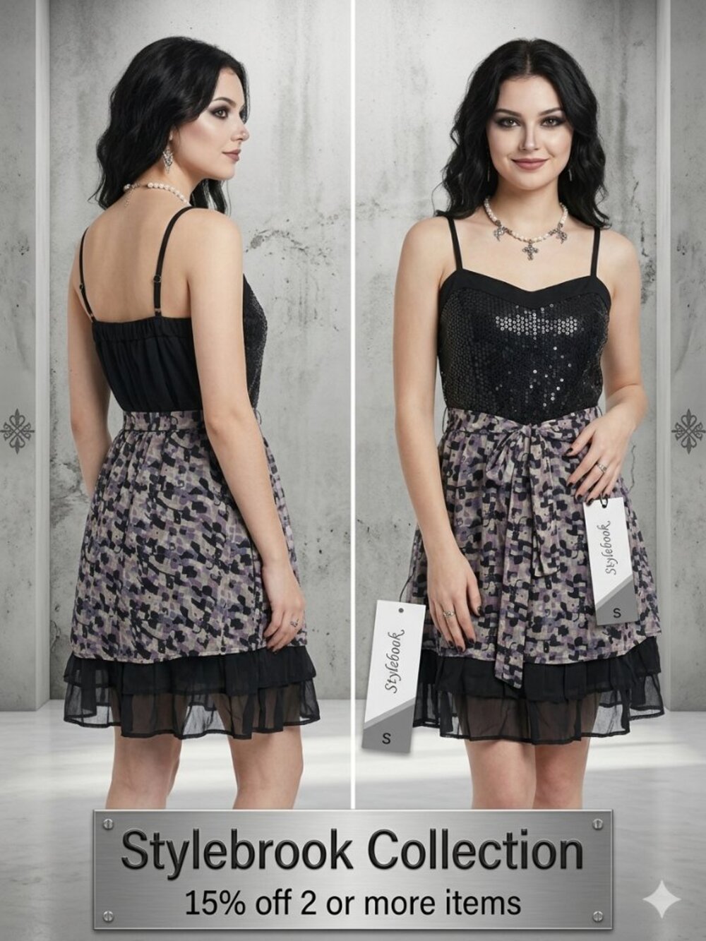 Stylebook Sequined Black Gray Purple Spaghetti Strap Goth Dress Size Small NEW